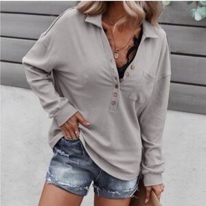 Miss Sparkling button down l/s gray top.. Polo design. M. Fits like a Small.